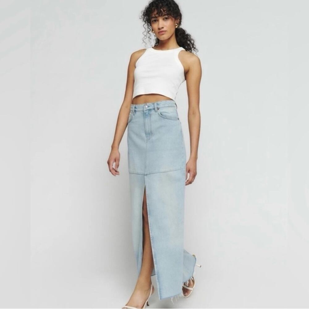 Reformation “Tazz Maxi Denim Skirt” in Tahoe Blue, Size 28